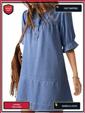 Denim Jean Dress Ruffle Short Sleeve Button Down A-Line